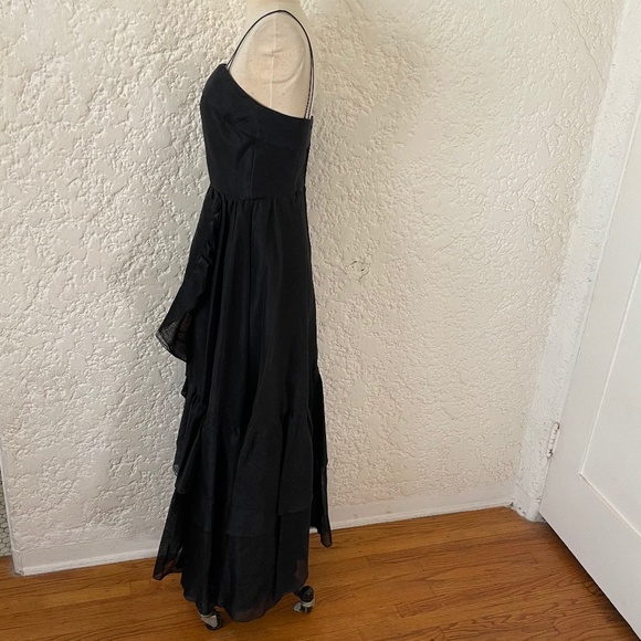 Vintage Valentino Black Long Asymmetric Ruffled Cocktail Dress, Size 10 Gown - Picture 4 of 15